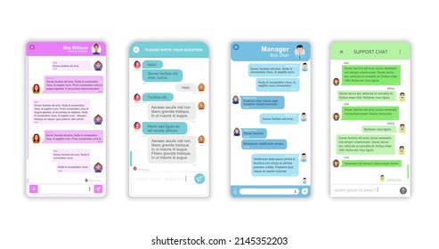 Interfaz de aplicación de Messenger, ventana de chat de soporte. Chatbot, conversación de bots de empresa con usuarios o clientes en la ventana de diálogo de red social o aplicación de telefonía móvil. Respuesta a las preguntas del servicio de atención al cliente o del servicio de asistencia