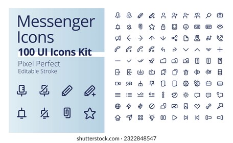 Messenger application pixel perfect linear ui icons kit. Online interaction. Software features. Control buttons. Outline isolated user interface elements. Editable stroke. Poppins font used