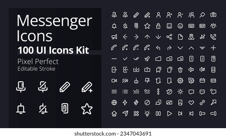 Messenger application pixel perfect white linear ui icons kit for dark theme. App features. Isolated user interface symbols for night mode. Vector line pictograms. Editable stroke. Poppins font used