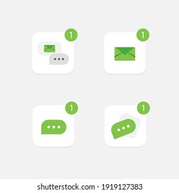 Messenger application set icon. Logo for Chat app. Logotype with letter and one new notice. Green. Flat design. Eps 10