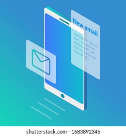 Messenger application for smartphone. Notification of a new message and an open message with text inside. Vector gradient isometric poster.