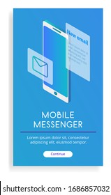 Messenger-Anwendung für Smartphone. Benachrichtigung über eine neue Nachricht und eine offene Nachricht mit Text im Inneren. Vektorillustration Gradient isometrisches Poster.