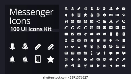 Messenger application white glyph ui icons kit for dark mode. App features. Silhouette symbols on black background. Solid pictograms for web, mobile. Vector isolated illustrations