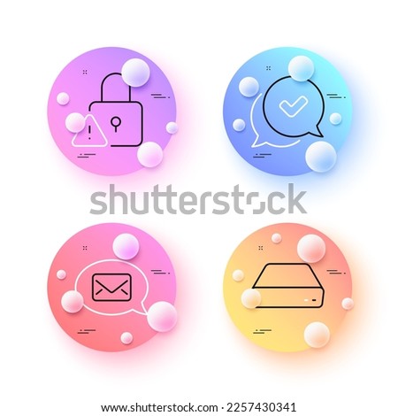 Messenger, Approved and Lock minimal line icons. 3d spheres or balls buttons. Mini pc icons. For web, application, printing. New message, Chat message, Padlock attention. Computer. Vector
