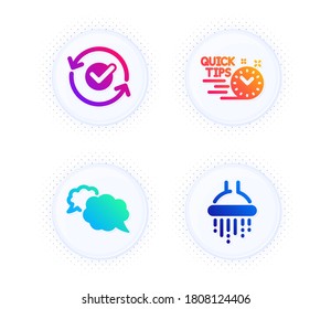 Iconos de Messenger, Apruebados y Consejos rápidos conjunto simple. Botón con puntos de semitono. Señal de ducha. Burbuja de voz, símbolo de actualización, trucos útiles. Cuarto de baño. Conjunto de tecnología. Vector
