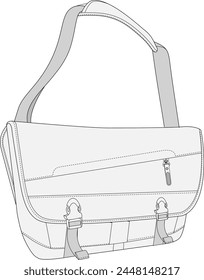 Messenger Bag Fashion technical illustration. Vector crossbody shoulder bag three quarter view for Men, women, unisex, flat sketch CAD mockup catalog sketch outline isolated template