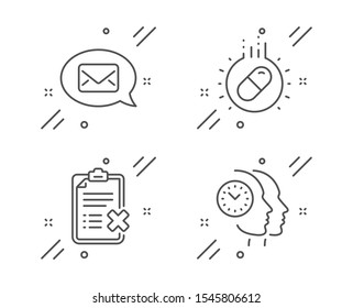 Messenger, Capsule pill and Reject checklist line icons set. Time management sign. New message, Medicine drugs, Decline file. Teamwork clock. Business set. Line messenger outline icon. Vector