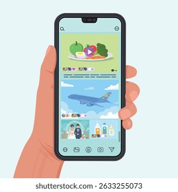 Messenger chat with avatars messages and reactions on the phone. Hand holding a phone with messenger chat interfac. Vector illustration in flat style