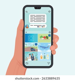 Messenger chat with avatars messages and reactions on the phone. Hand holding a phone with messenger chat interfac. Vector illustration in flat style