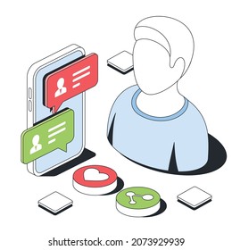 Messenger, chat bubble, user account. Vector 3d sketch line isometric style, color icon illustration. Creative design idea and infographics elements.
