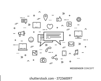 Messenger chat communication linear vector illustration. Creative concept messaging (message speech), mobile app icons. Graphic design online chatting web banner.
