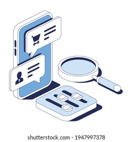 Messenger chat, magnifier, settings, stroke illustration. Vector 3d line isometric, web icons, blue color. Creative design idea for infographics.