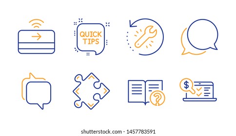 Messenger, Chat message and Help line icons set. Strategy, Recovery tool and Quick tips signs. Contactless payment, Online accounting symbols. Speech bubble, Documentation. Education set. Vector