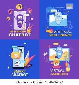 Messenger ChatBot. Artificial Intelligence. Smart Chatbot Virtual Assistant. Set Vector Illustration on Screen Tablet Smartphone Personal Computer Social Networking Assistant. New Technology Program.