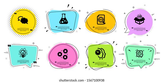 Messenger, Chemistry lab and Open box line icons set. Chat bubbles with quotes. Timer, Gears and Seo file signs. Time management, Idea symbols. Speech bubble, Laboratory. Technology set. Vector