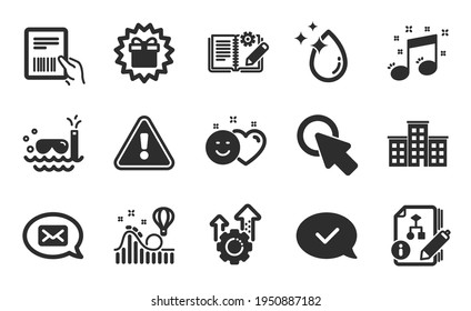 Messenger, Company and Click here icons simple set. Roller coaster, Parcel invoice and Surprise gift signs. Approved message, Engineering documentation and Algorithm symbols. Flat icons set. Vector