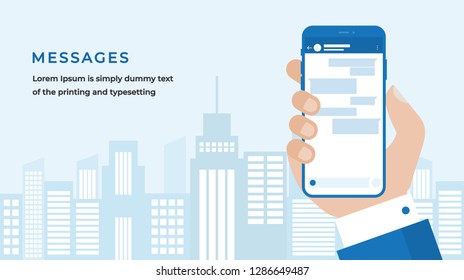 Messenger Concept with Businessman Hand Holding a Smartphone with Messenger Chat on City Building Skyline Background. Suitable for Web banner, Infographics, Hero images. Flat Vector illustration 