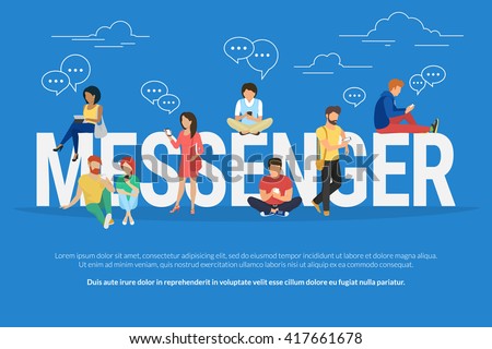 Messenger concept illustration of young people using mobile gadgets such as tablet pc and smartphone for texting messages via mobile messenger. Flat design of students standing near letters