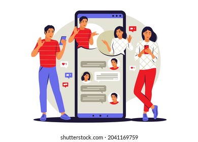 Messenger concept. People forwards messages to friends or colleagues. Vector illustration. Flat.