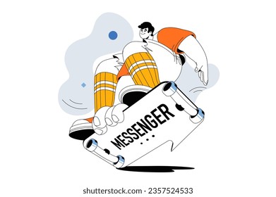 Messenger concept with people scene in flat line design for web. Skateboarder using app for sends messages, chatting and communication. Vector illustration for social media banner, marketing material.