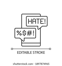 Messenger cyberbullying linear icon. Hate comments. Email with offensive content. Thin line customizable illustration. Contour symbol. Vector isolated outline drawing. Editable stroke