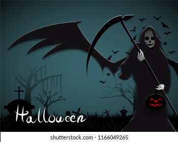 messenger of death devil wing in night with bats and moon.halloween,trick or treat.hand writing.
