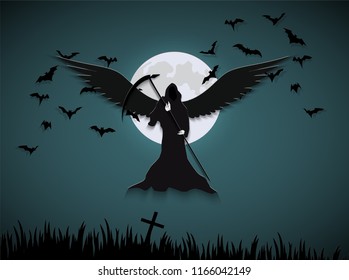 Messenger Of Death In Night With Bats And Moon.halloween,trick Or Treat.paper Cut.