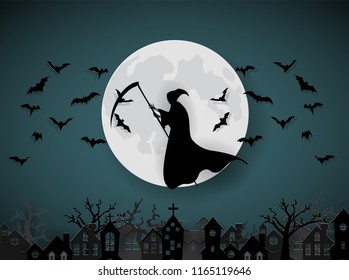 messenger of death in night town with bats and big moon.halloween,trick or treat.paper cut.