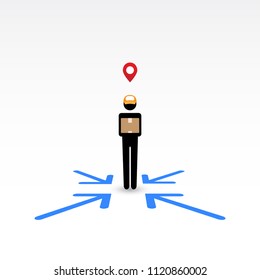 Messenger, delivery man, giving package box with blue arrow direction on floor. Vector illustration for send anywhere concept, online fast service, e-commerce.  