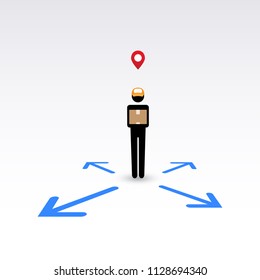 Messenger, delivery man, giving package box with blue arrow direction on floor. Vector illustration for send anywhere concept, online fast service, e-commerce.  