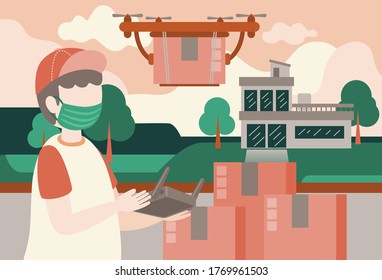 Messenger Delivery Package to Customer by Delivery Drone, Vector, Illustration