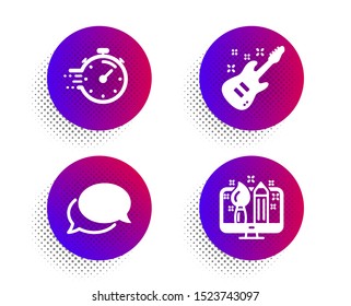Messenger, Electric guitar and Timer icons simple set. Halftone dots button. Creative design sign. Speech bubble, Musical instrument, Deadline management. Designer. Education set. Vector