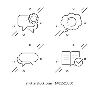 Messenger, Employees messenger and Recovery data line icons set. Approved documentation sign. Speech bubble, Backup info, Instruction book. Education set. Line messenger outline icon. Vector