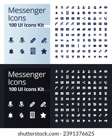 Messenger glyph ui icons kit for dark, light mode. Online communication. Silhouette symbols for night, day themes. Solid pictograms. Vector isolated illustrations