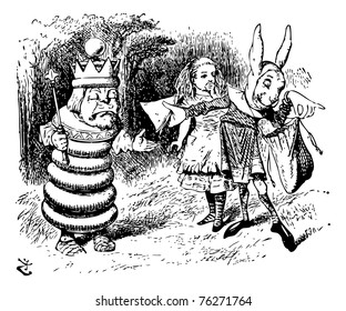 The Messenger Hands a Sandwich to the White King - Through the Looking Glass and what Alice Found There original book engraving. "You alarm me!" said the King. "I feel faint -- give me a ham sandwich!