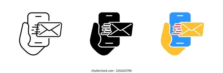 Messenger icon set. Message, smartphone, text, email, envelope, attached document, list, internet, correspondence, sender, information. communication concept. vector line icon in different styles