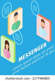Messenger instant messaging and video app. Smartphone sms speech bubbles push alerts on screen, electronic chatting on cellphone. Person in smartphone chat message with diverse people online on device