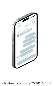 The messenger interface is displayed on the smartphone screen. Isometric isolated vector illustration