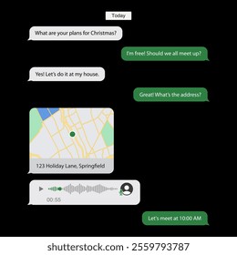 Messenger Interface Mockup: Location Pin Map, Voice Messages, and Flat Vector Chat Bubbles on Black Background