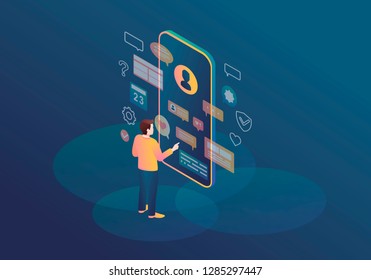 Messenger isometric color vector illustration. Virtual UI. Person using smartphone. Online communication. Augmented reality.