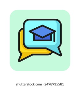 Icono de línea de Messenger. Gorro de graduación dentro de la burbuja del discurso. Concepto de diálogo. Puede ser utilizado para temas como comunicación, chat, educación