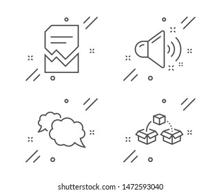 Messenger, Loud sound and Corrupted file line icons set. Parcel shipping sign. Speech bubble, Music, Damaged document. Send box. Technology set. Line messenger outline icon. Vector