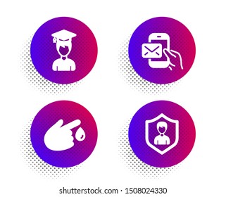 Messenger mail, Blood donation and Student icons simple set. Halftone dots button. Security agency sign. New e-mail, Injury, Graduation cap. People protection. People set. Vector