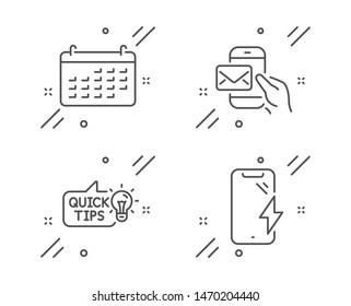 Messenger mail, Calendar and Education idea line icons set. Smartphone charging sign. New e-mail, Business audit, Quick tips. Phone battery. Technology set. Line messenger mail outline icon. Vector