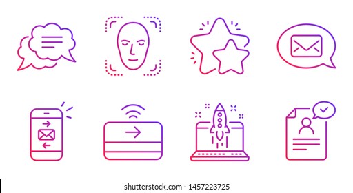 Messenger, Mail and Face detection line icons set. Text message, Start business and Contactless payment signs. Star, Resume document symbols. New message, Smartphone communication. Vector