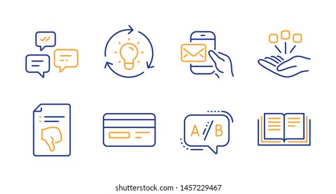 Messenger Mail, Idea And Ab Testing Line Icons Set. Consolidation, Credit Card And Chat Messages Signs. Thumb Down, Education Symbols. New E-mail, Lightbulb. Technology Set. Vector