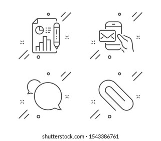 Messenger mail, Messenger and Report document line icons set. Paper clip sign. New e-mail, Speech bubble, Growth chart. Attach paperclip. Education set. Line messenger mail outline icon. Vector