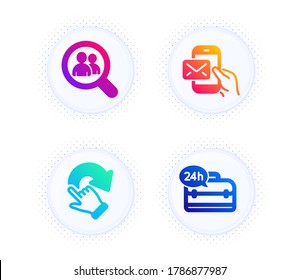 Messenger mail, Rotation gesture and Search employees icons simple set. Button with halftone dots. 24h service sign. New e-mail, Undo, Staff analysis. Support. Business set. Vector