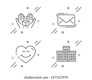 Messenger mail, Smile face and Hold box line icons set. Company sign. New e-mail, Love heart, Delivery parcel. Building. Technology set. Line messenger mail outline icon. Vector