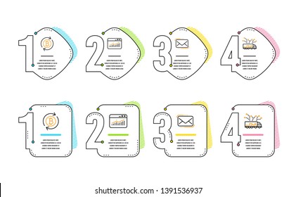 Messenger mail, Website statistics and Refresh bitcoin icons simple set. Truck delivery sign. New e-mail, Data analysis, Update cryptocurrency. Logistics. Technology set. Infographic timeline. Vector